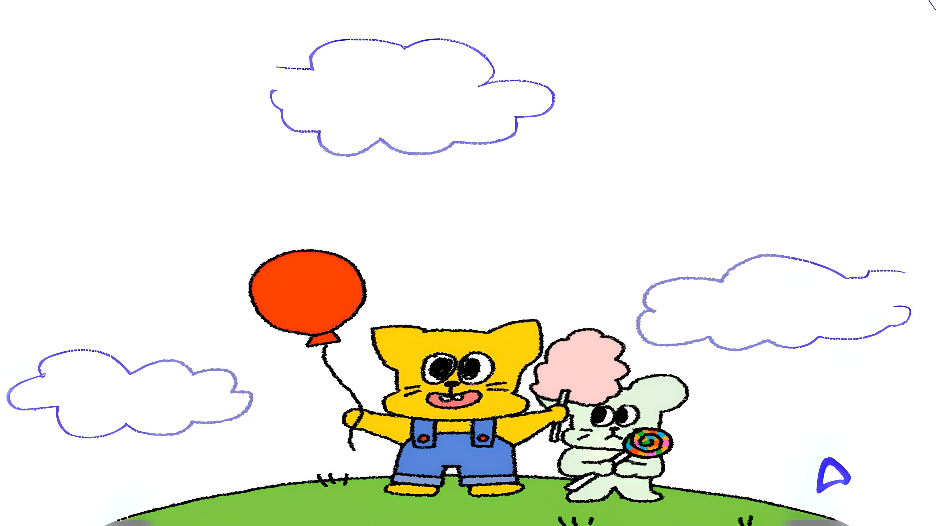 Bork holding a red balloon on a grassy hill next to a small friend eating cotton candy