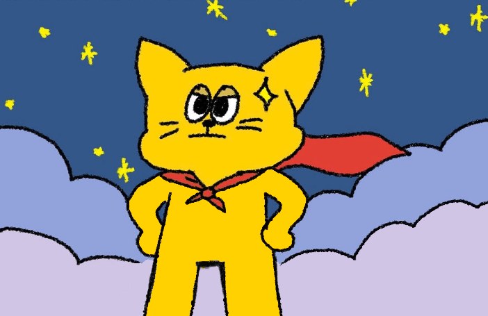 Bork wearing a red superhero cape, standing confidently under a starry sky