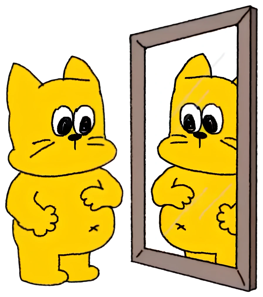 Bork looking at his reflection in a mirror, unimpressed with what he sees